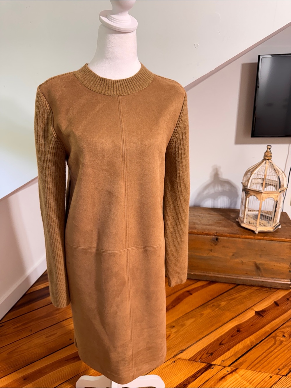Ann Taylor Women's Camel Faux suede Knit-Shift Dress